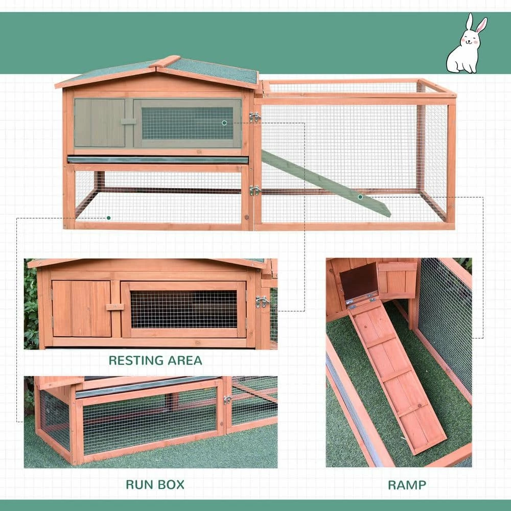 Natural Wood Outdoor Rabbit Hutch with Pull Out Tray and Waterproof Roof by PawHut - Image 3