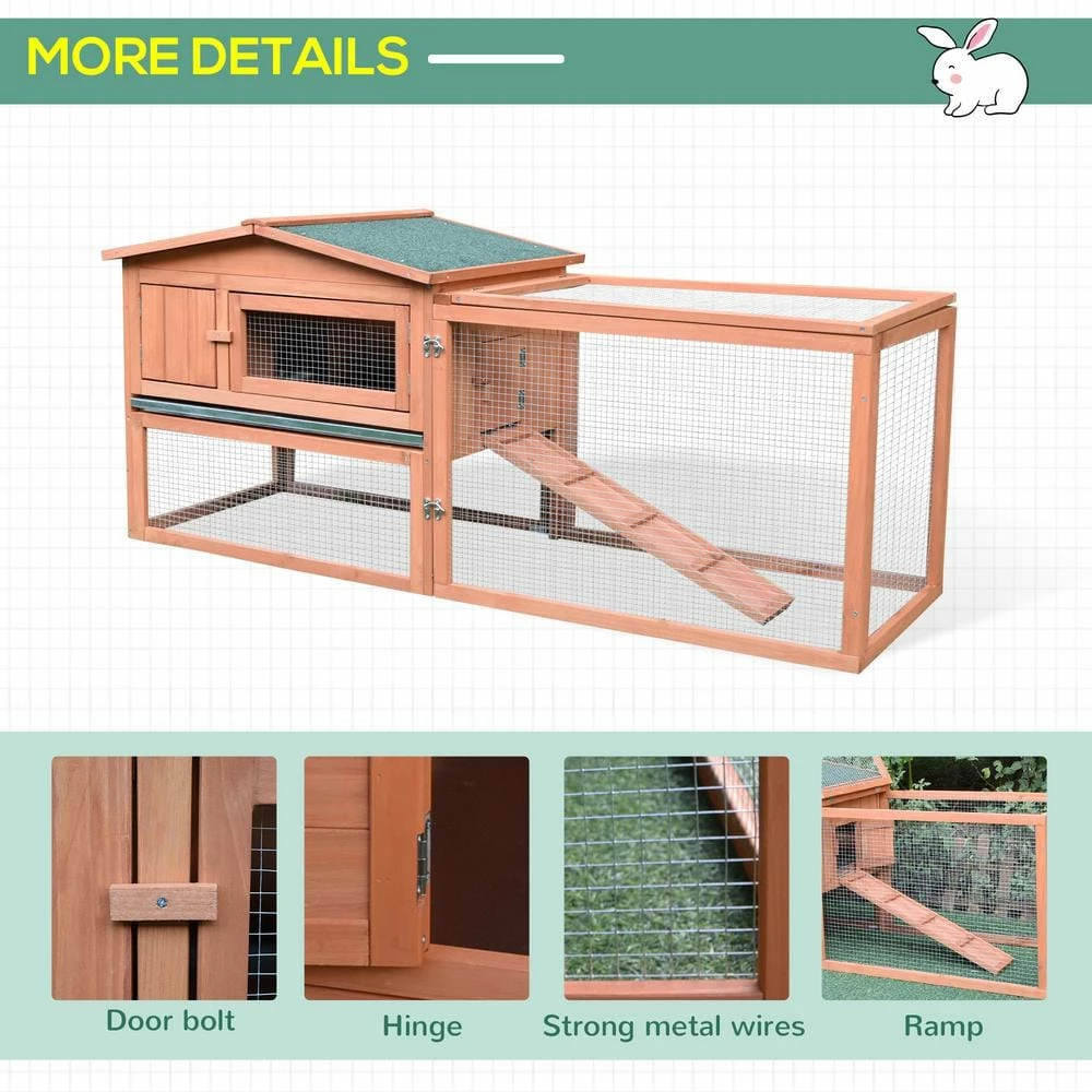 Natural Wood Outdoor Rabbit Hutch with Pull Out Tray and Waterproof Roof by PawHut - Image 7