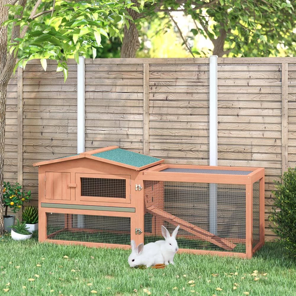 Natural Wood Outdoor Rabbit Hutch with Pull Out Tray and Waterproof Roof by PawHut - Image 2