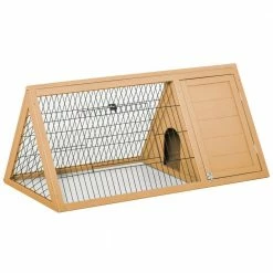 Yellow Wooden A-Frame Outdoor Animal Hutch with Outside Run & Ventilating Wire - Small by PawHut