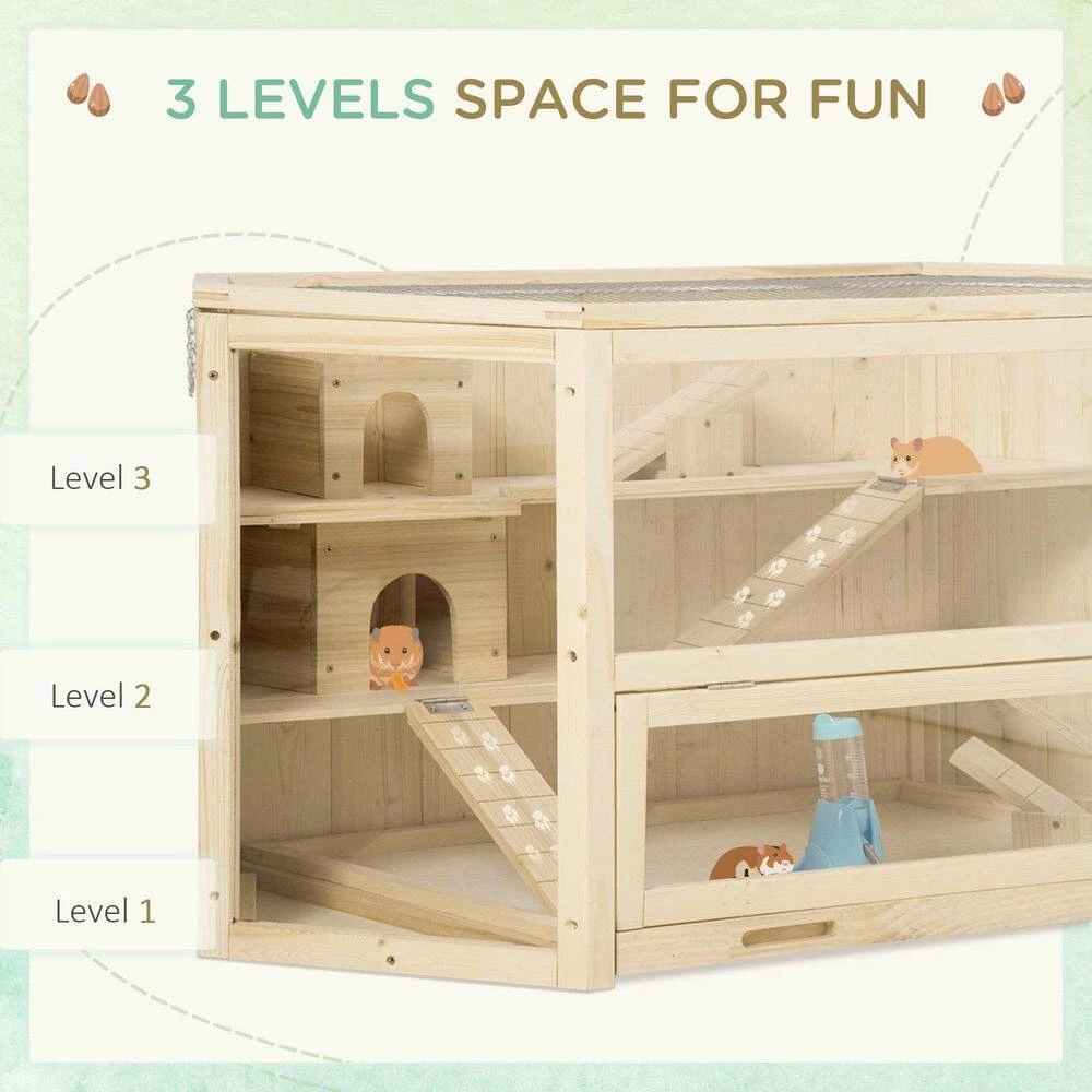 3 Tier Wooden Large Hamster Cage Small Animal House with Slide and Activity Center by PawHut - Image 5