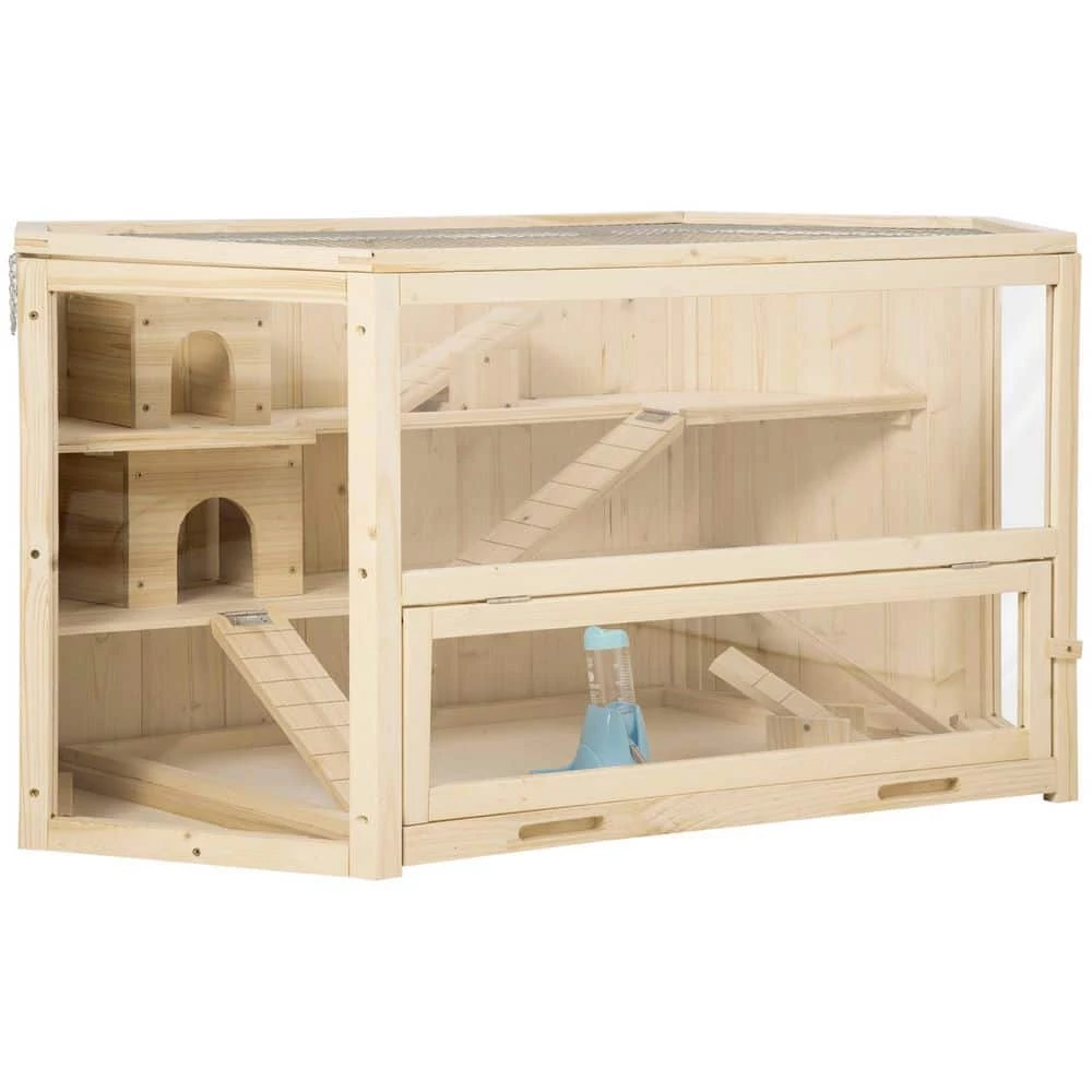 3 Tier Wooden Large Hamster Cage Small Animal House with Slide and Activity Center by PawHut