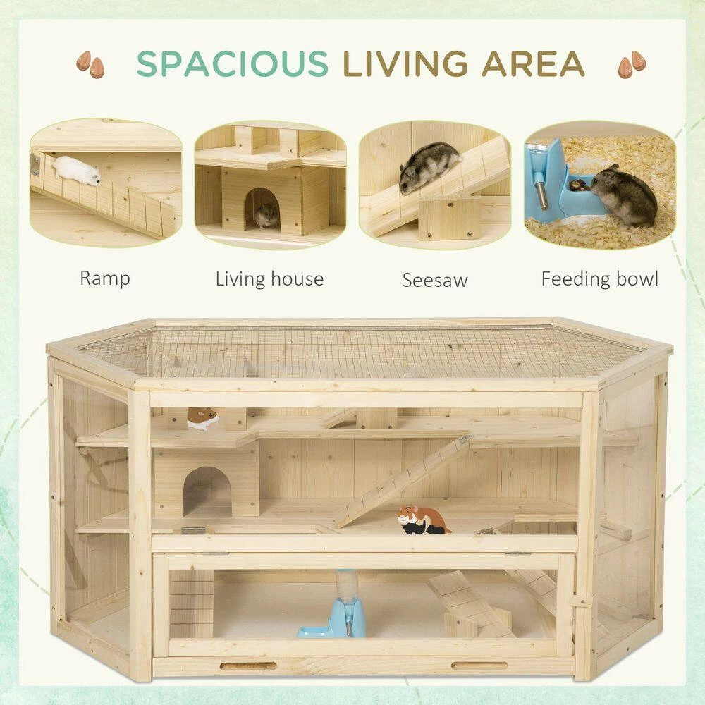 3 Tier Wooden Large Hamster Cage Small Animal House with Slide and Activity Center by PawHut - Image 6