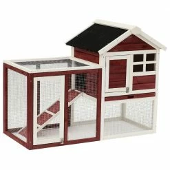 Brown and White Weatherproof Wooden Rabbit Hutch with Slanted Asphalt Roof & Fun Outdoor Ru by PawHut