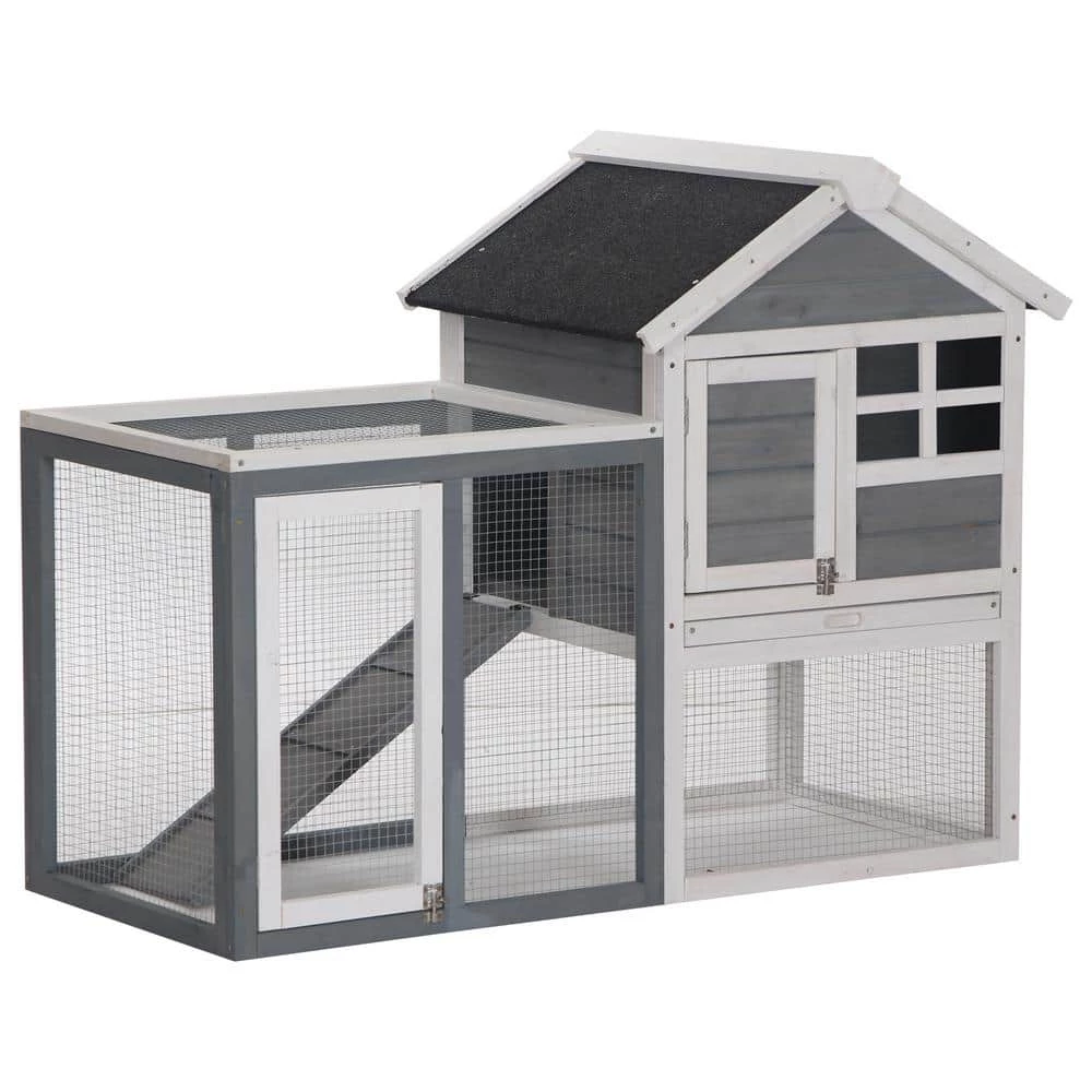 Grey Wooden Weatherproof Rabbit Hutch with Slanted Asphalt Roof & Fun Outdoor Run by PawHut