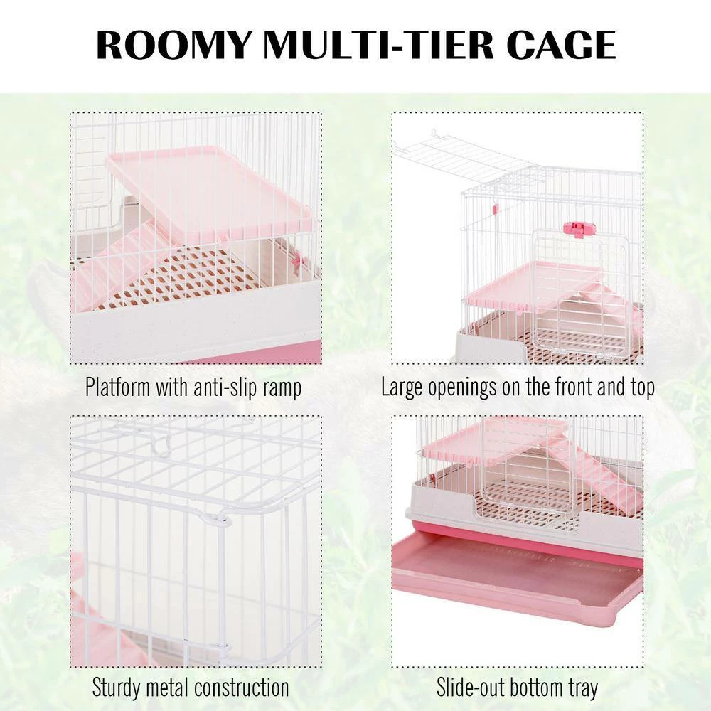 2-Level Small Animal Cage with Wheels, Removable Tray, Platform and Ramp, Pink- 32"L by PawHut - Image 4