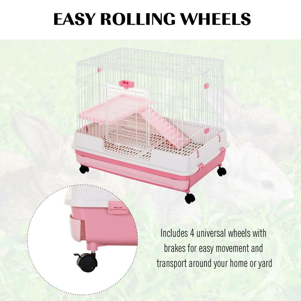 2-Level Small Animal Cage with Wheels, Removable Tray, Platform and Ramp, Pink- 32"L by PawHut - Image 5