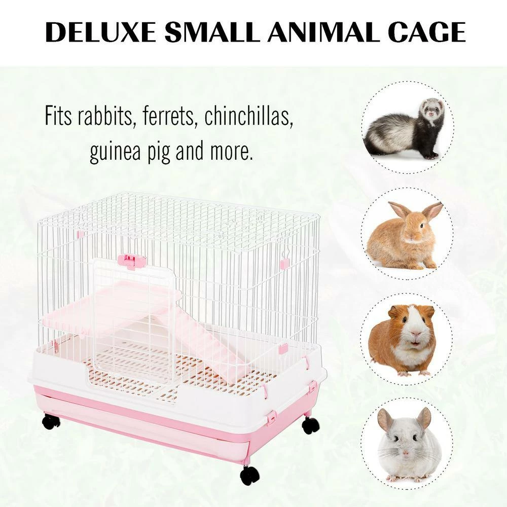 2-Level Small Animal Cage with Wheels, Removable Tray, Platform and Ramp, Pink- 32"L by PawHut - Image 3
