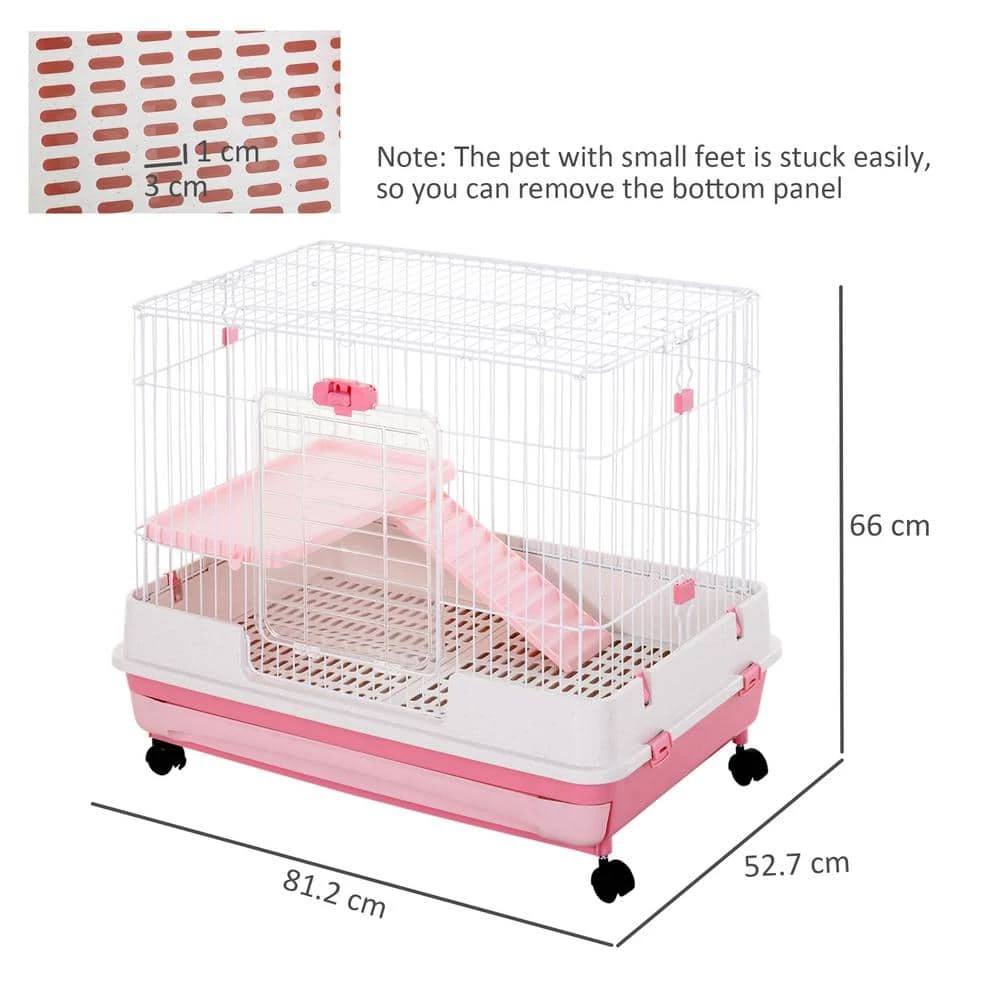 2-Level Small Animal Cage with Wheels, Removable Tray, Platform and Ramp, Pink- 32"L by PawHut