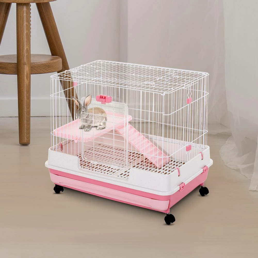 2-Level Small Animal Cage with Wheels, Removable Tray, Platform and Ramp, Pink- 32"L by PawHut - Image 2