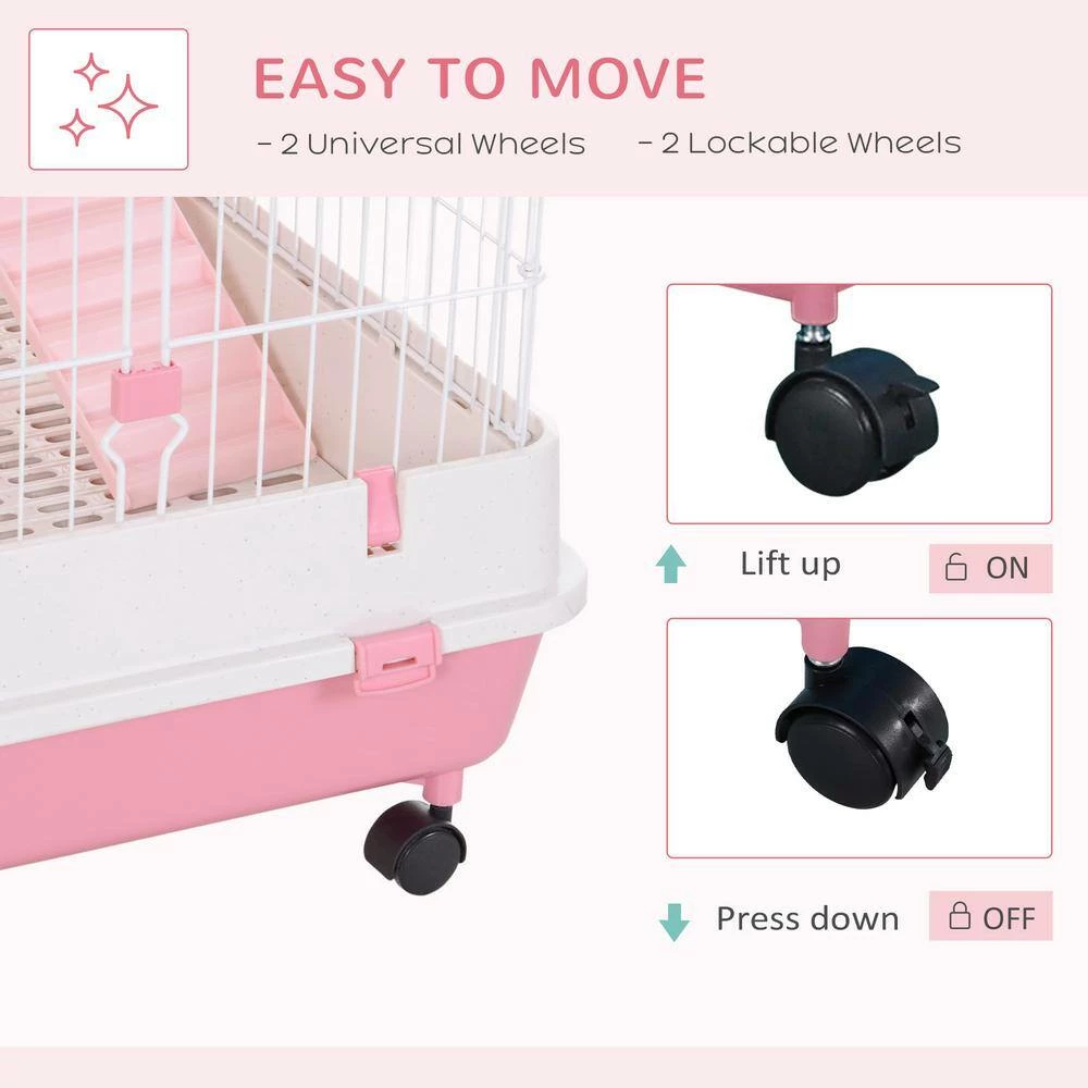 6-Level Small Animal Cage Rabbit Hutch with Universal Lockable Wheels, Slide-out Tray Pink-32 in. L by PawHut - Image 5