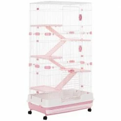 6-Level Small Animal Cage Rabbit Hutch with Universal Lockable Wheels, Slide-out Tray Pink-32 in. L by PawHut