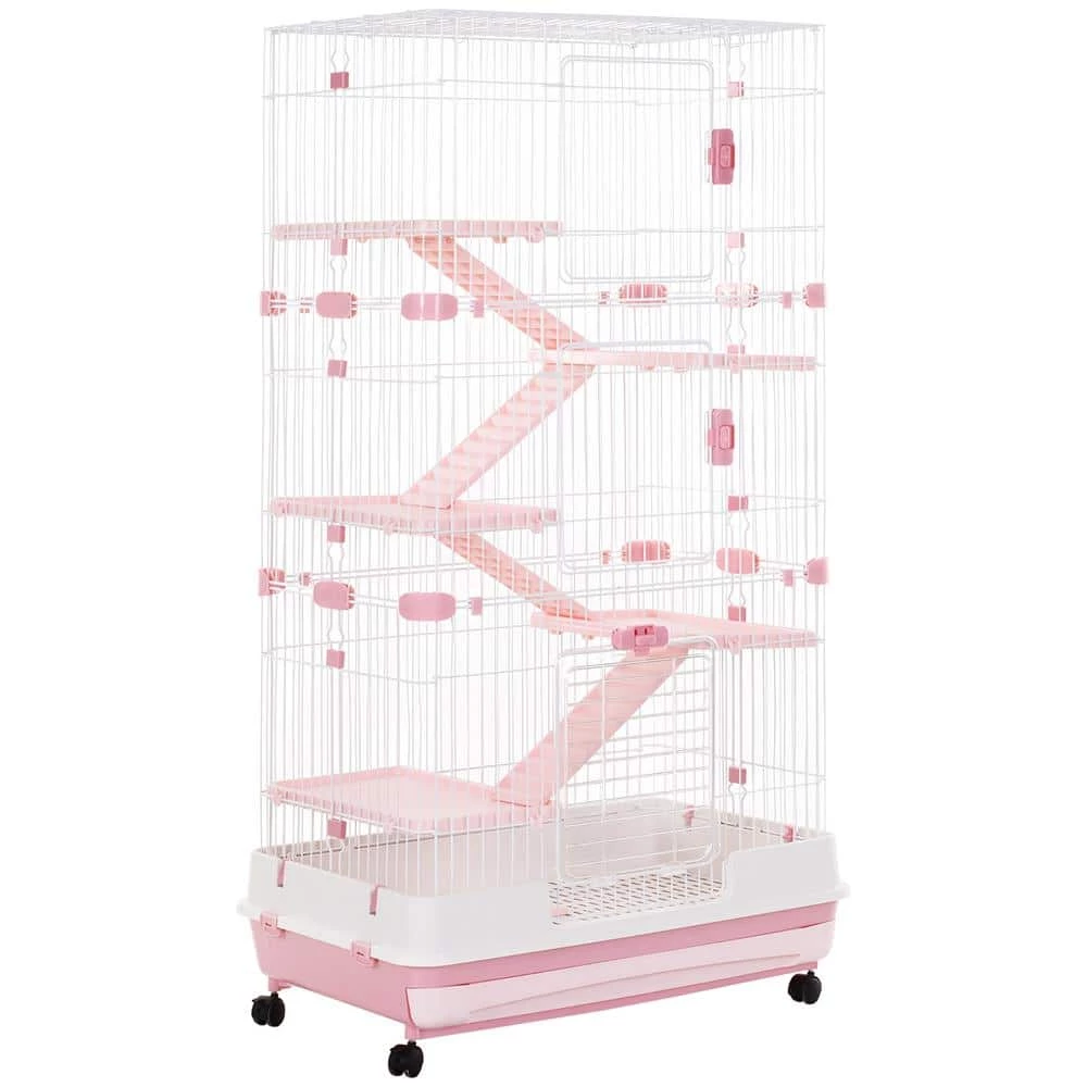 6-Level Small Animal Cage Rabbit Hutch with Universal Lockable Wheels, Slide-out Tray Pink-32 in. L by PawHut