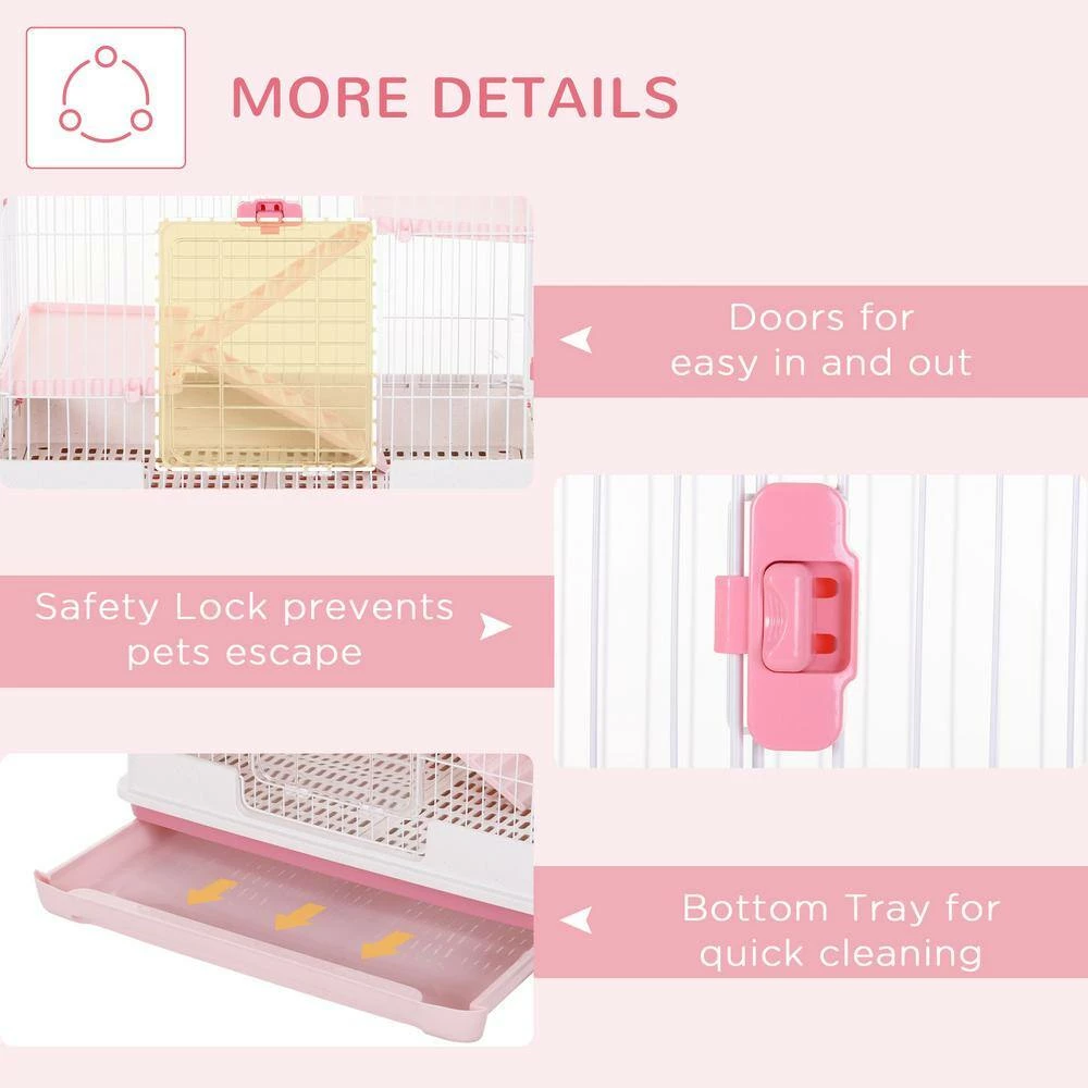 6-Level Small Animal Cage Rabbit Hutch with Universal Lockable Wheels, Slide-out Tray Pink-32 in. L by PawHut - Image 7