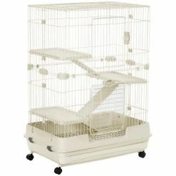 4-Level Small Animal Cage with Universal Lockable Wheels, Slide-out Tray White-32 in. L by PawHut