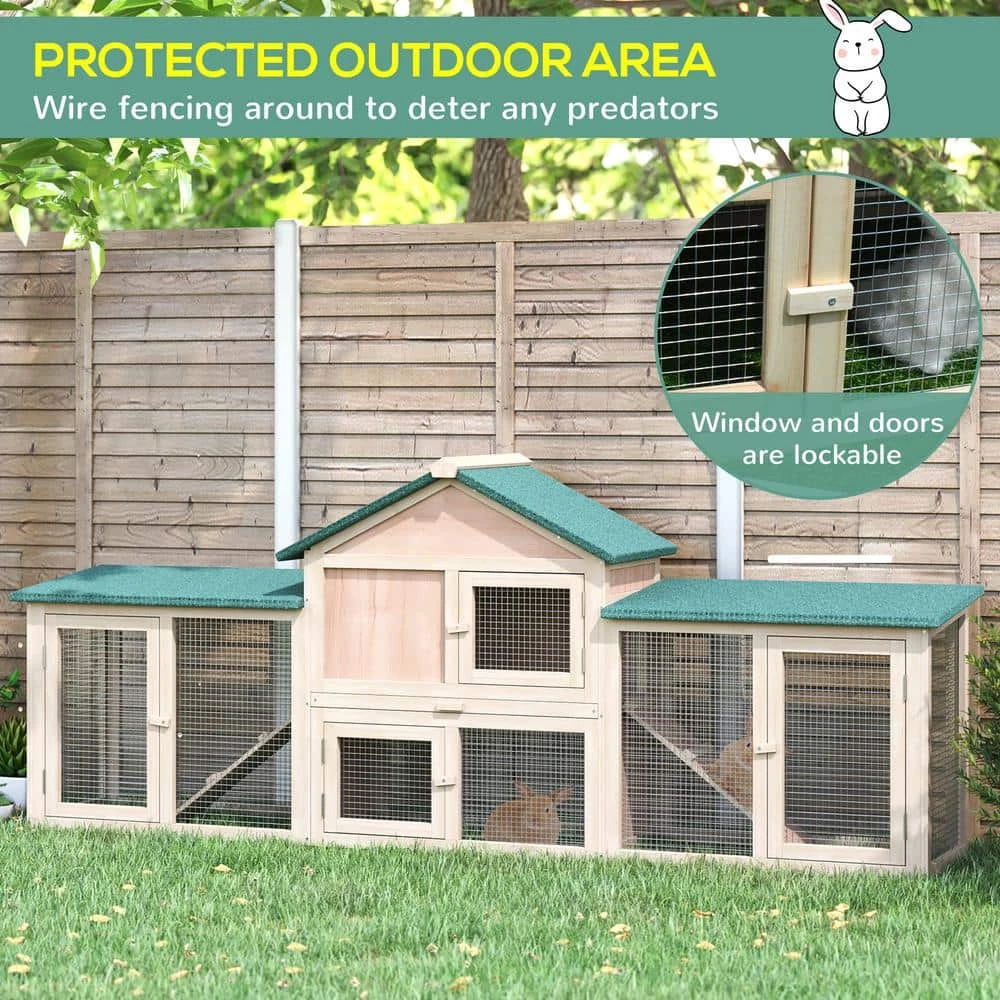 Natural Wooden Hutch House with Double Run, Removable Tray and Waterproof Roof - Large by PawHut - Image 4