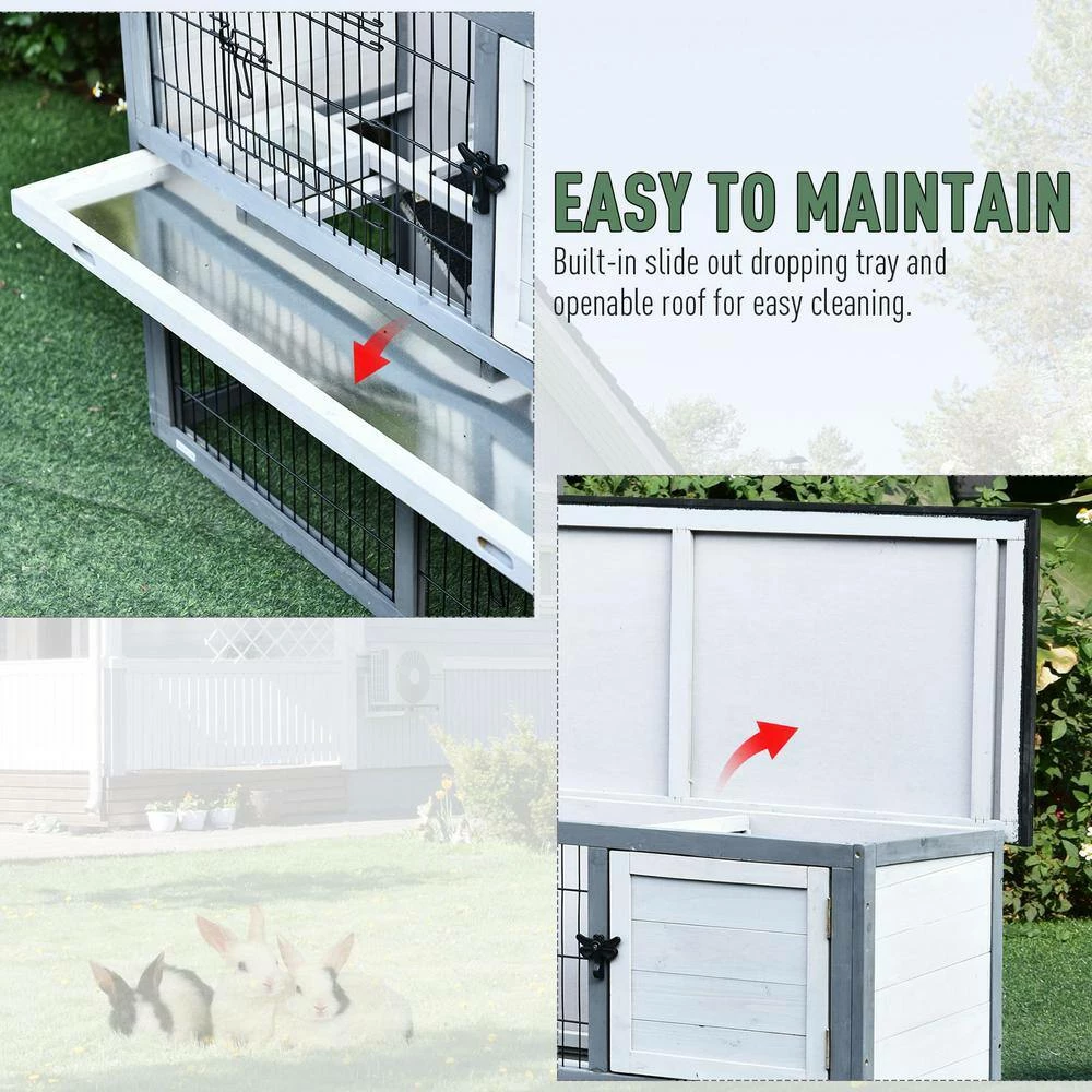 Grey Wooden Rabbit Hutch 4 Door House with Ramp, Removable Tray and Weatherproof Roof - Small by PawHut - Image 4