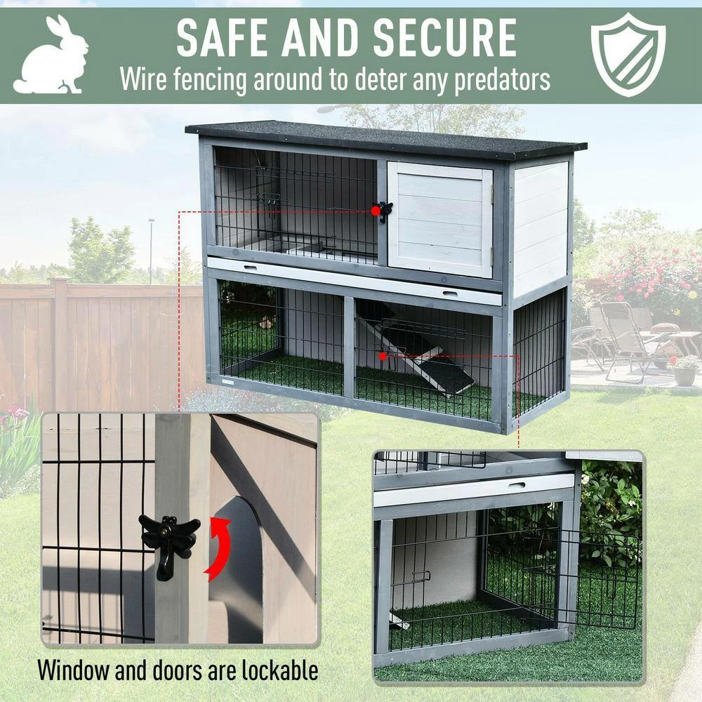 Grey Wooden Rabbit Hutch 4 Door House with Ramp, Removable Tray and Weatherproof Roof - Small by PawHut - Image 5