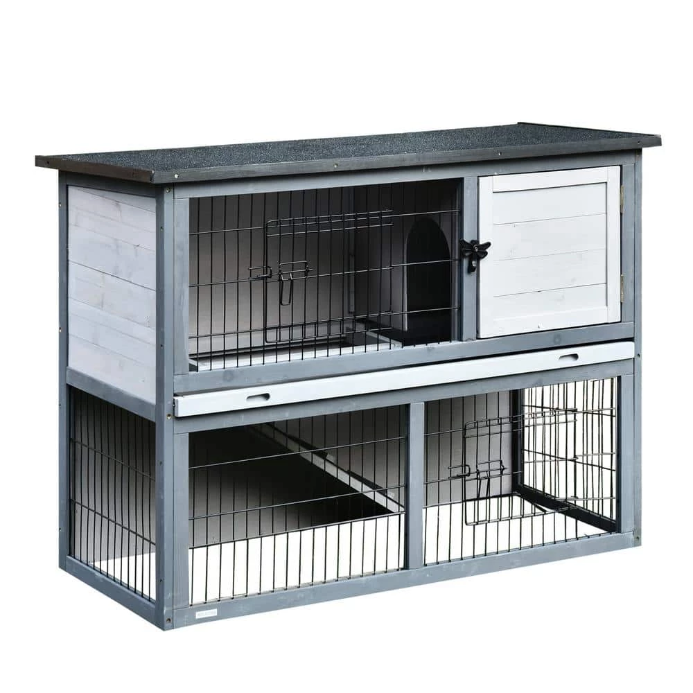Grey Wooden Rabbit Hutch 4 Door House with Ramp, Removable Tray and Weatherproof Roof - Small by PawHut