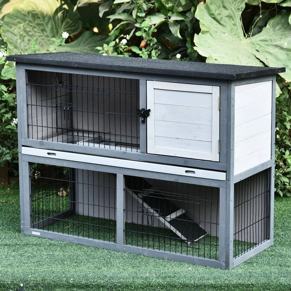 Grey Wooden Rabbit Hutch 4 Door House with Ramp, Removable Tray and Weatherproof Roof - Small by PawHut - Image 2