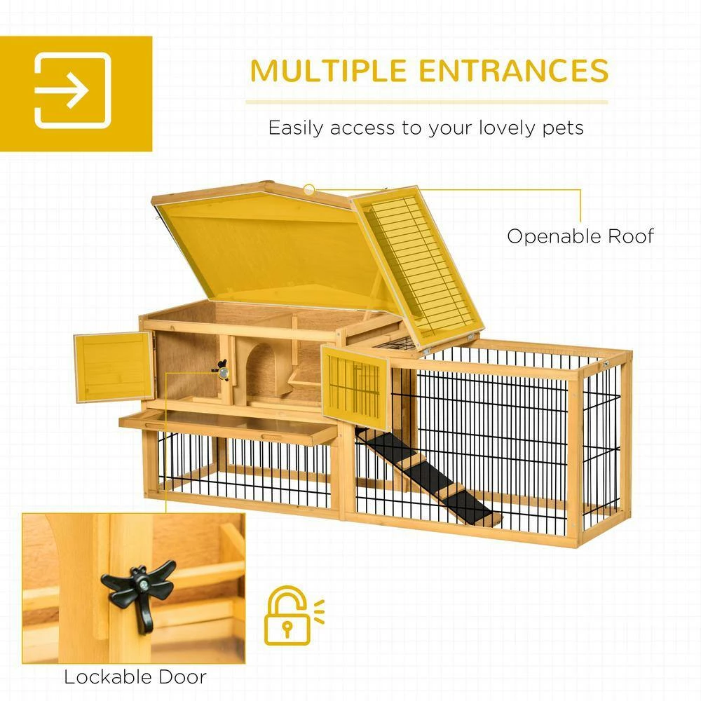 Outdoor 2 Levels Wooden Rabbit Hutch w/Run Space, Removable Tray, Ramp and Waterproof Roof -59" L x 20.75" W x 26.75" H by PawHut - Image 5