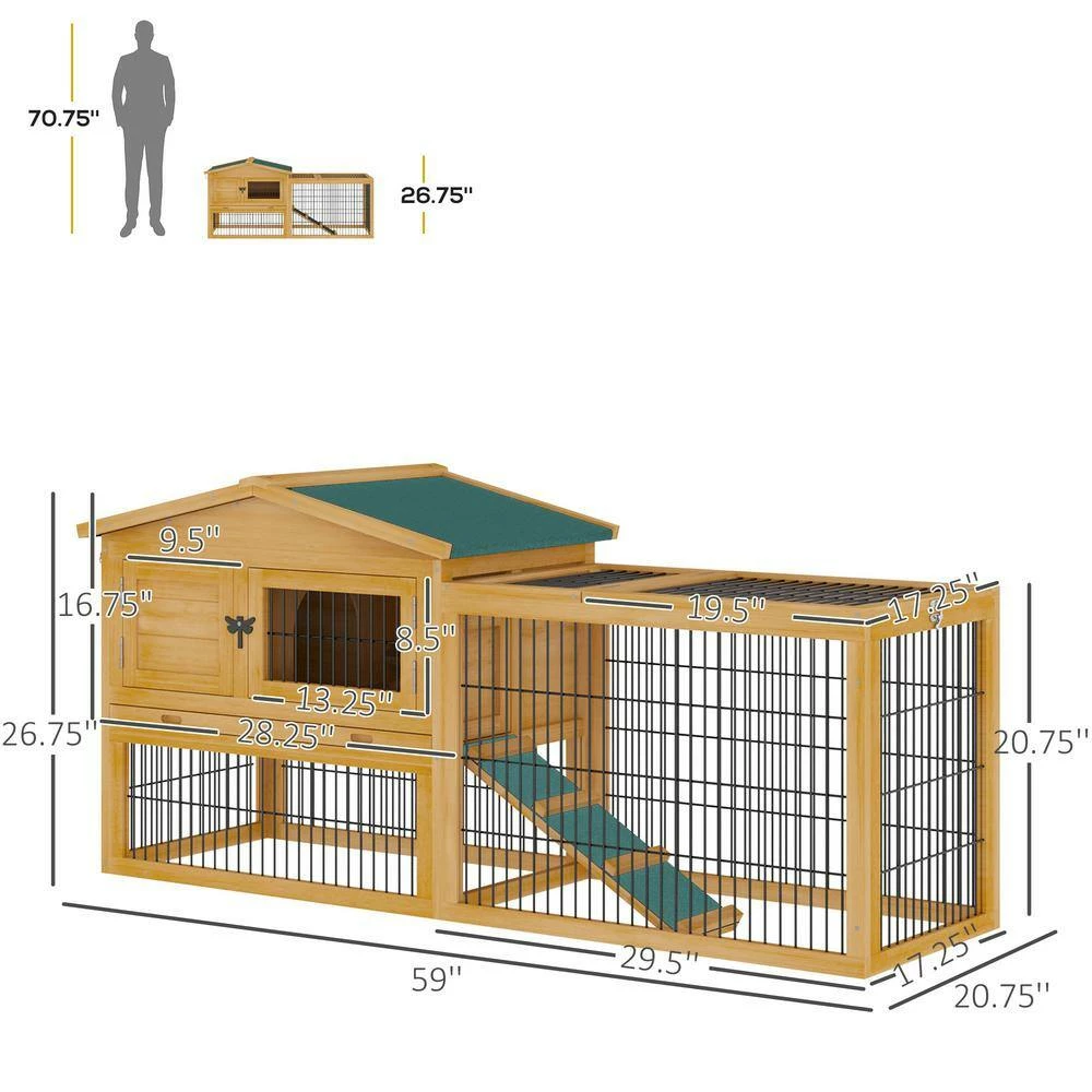 Outdoor 2 Levels Wooden Rabbit Hutch w/Run Space, Removable Tray, Ramp and Waterproof Roof -59" L x 20.75" W x 26.75" H by PawHut - Image 3