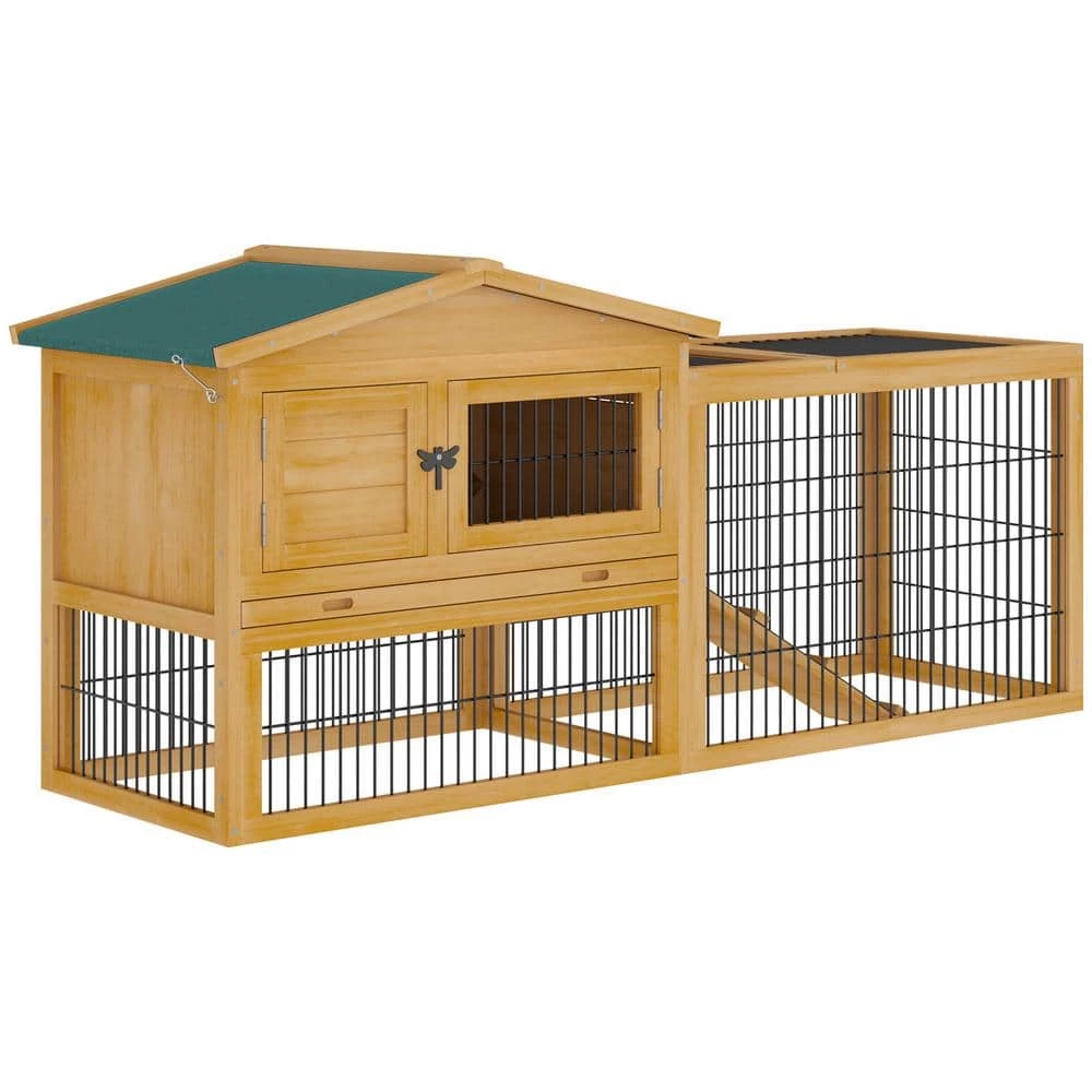 Outdoor 2 Levels Wooden Rabbit Hutch w/Run Space, Removable Tray, Ramp and Waterproof Roof -59" L x 20.75" W x 26.75" H by PawHut