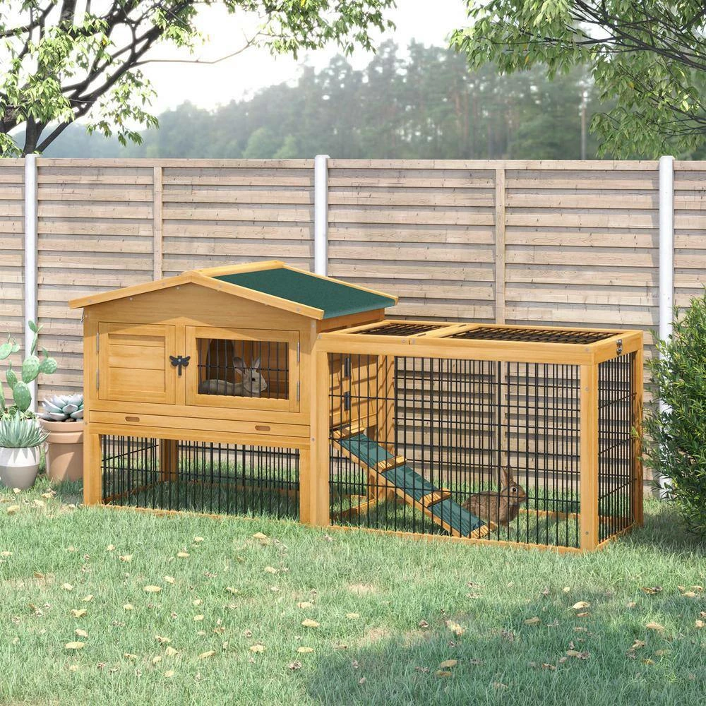 Outdoor 2 Levels Wooden Rabbit Hutch w/Run Space, Removable Tray, Ramp and Waterproof Roof -59" L x 20.75" W x 26.75" H by PawHut - Image 2