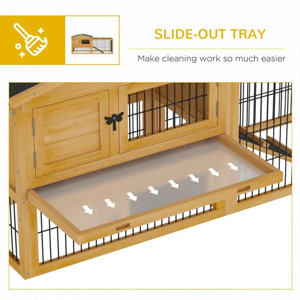Outdoor 2 Levels Wooden Rabbit Hutch w/Run Space, Removable Tray, Ramp and Waterproof Roof -59" L x 20.75" W x 26.75" H by PawHut - Image 6