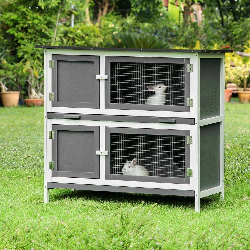 Grey Solid Wood Rabbit/Bunny Hutch with Ramp, Removable Tray and Weatherproof Roof by PawHut - Image 2