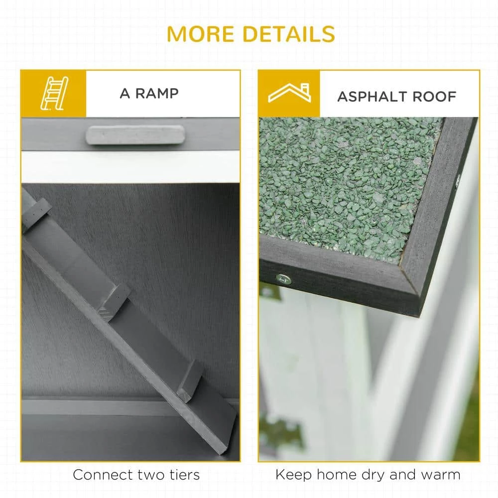 Grey Solid Wood Rabbit/Bunny Hutch with Ramp, Removable Tray and Weatherproof Roof by PawHut - Image 6
