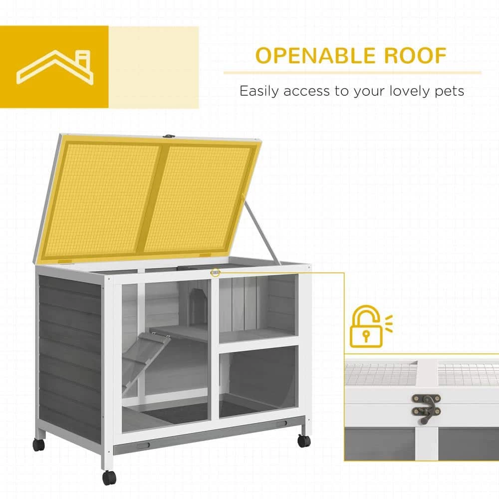 Grey 2-Story Wooden Rabbit Hutch Pet House with Dropping Tray Ramps Lockable Doors for Indoor Use - Large by PawHut - Image 4
