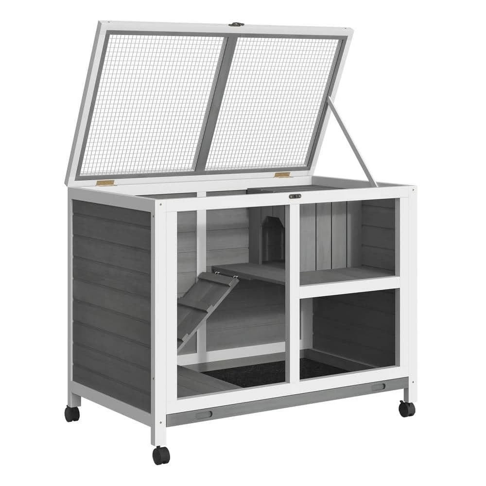 Grey 2-Story Wooden Rabbit Hutch Pet House with Dropping Tray Ramps Lockable Doors for Indoor Use - Large by PawHut - Image 7