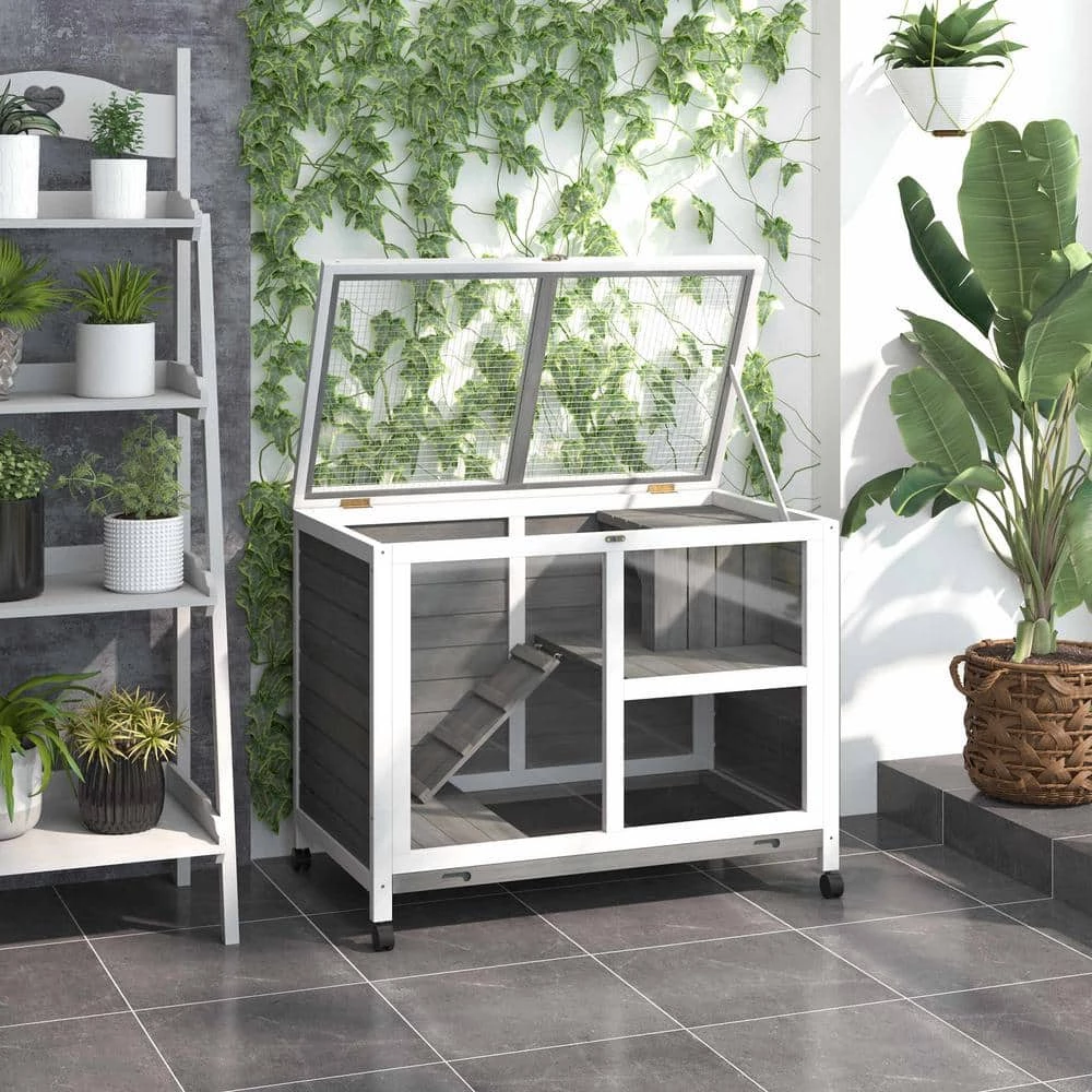 Grey 2-Story Wooden Rabbit Hutch Pet House with Dropping Tray Ramps Lockable Doors for Indoor Use - Large by PawHut - Image 2