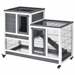 Grey Wooden Elevated Cage with Enclosed Run with Wheels, Ramp, Removable Tray Ideal by PawHut