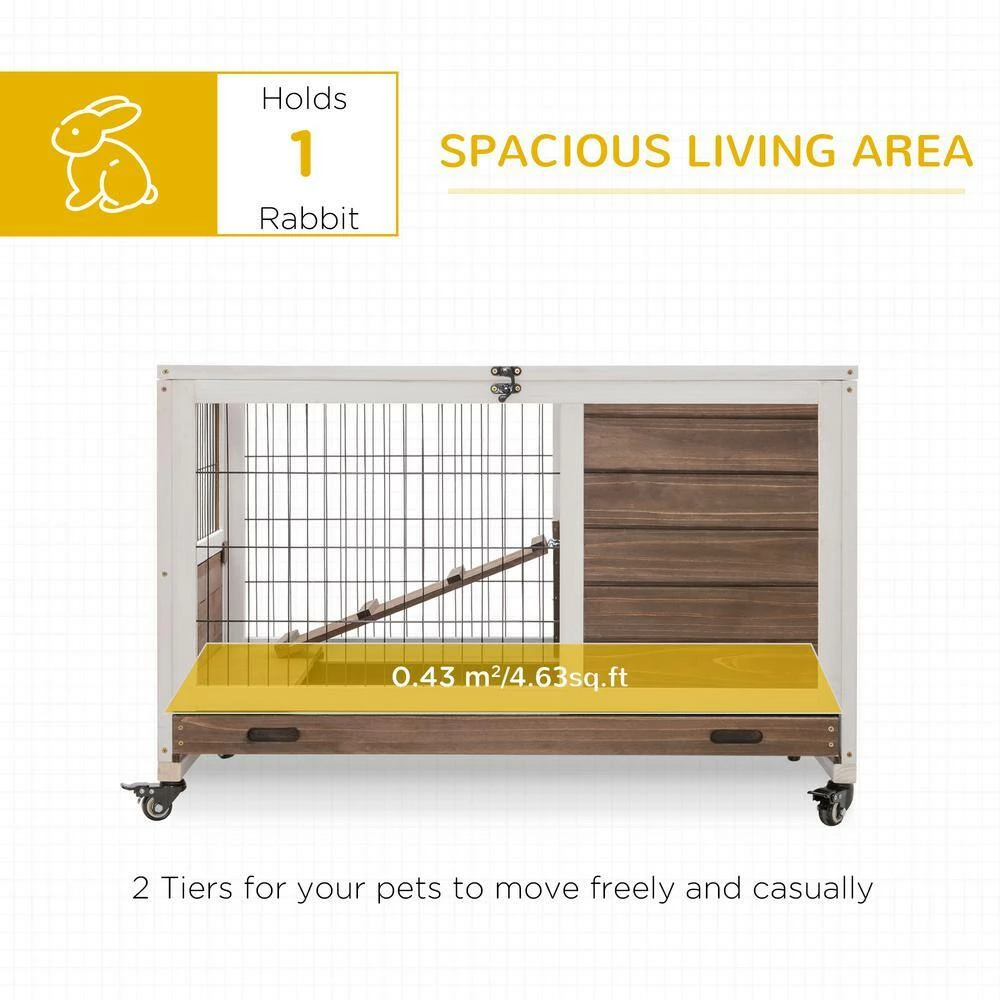 Wooden Indoor Rabbit Hutch Elevated Cage Habitat with No Leak Tray Enclosed Run with Wheels - Small by PawHut - Image 4