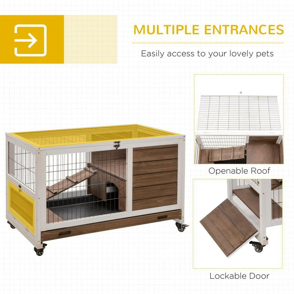 Wooden Indoor Rabbit Hutch Elevated Cage Habitat with No Leak Tray Enclosed Run with Wheels - Small by PawHut - Image 5