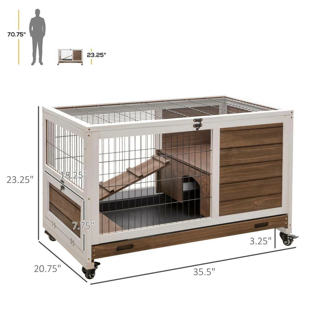 Wooden Indoor Rabbit Hutch Elevated Cage Habitat with No Leak Tray Enclosed Run with Wheels - Small by PawHut - Image 3