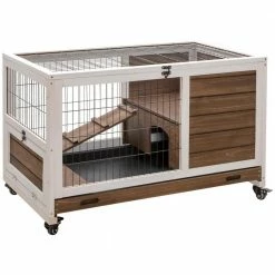 Wooden Indoor Rabbit Hutch Elevated Cage Habitat with No Leak Tray Enclosed Run with Wheels - Small by PawHut