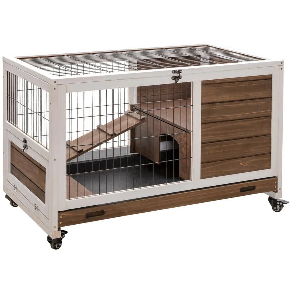Wooden Indoor Rabbit Hutch Elevated Cage Habitat with No Leak Tray Enclosed Run with Wheels - Small by PawHut
