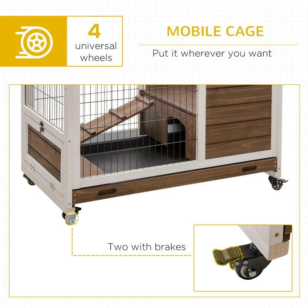 Wooden Indoor Rabbit Hutch Elevated Cage Habitat with No Leak Tray Enclosed Run with Wheels - Small by PawHut - Image 7