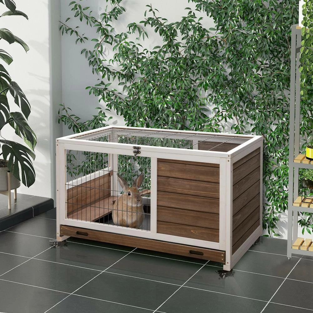 Wooden Indoor Rabbit Hutch Elevated Cage Habitat with No Leak Tray Enclosed Run with Wheels - Small by PawHut - Image 2