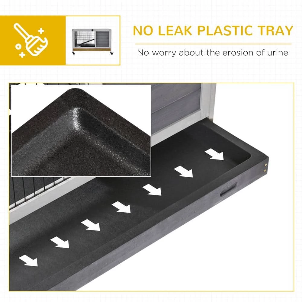 Grey Wooden Indoor Elevated Cage with No Leak Tray Enclosed Run with Wheels by PawHut - Image 4