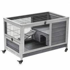 Grey Wooden Indoor Elevated Cage with No Leak Tray Enclosed Run with Wheels by PawHut