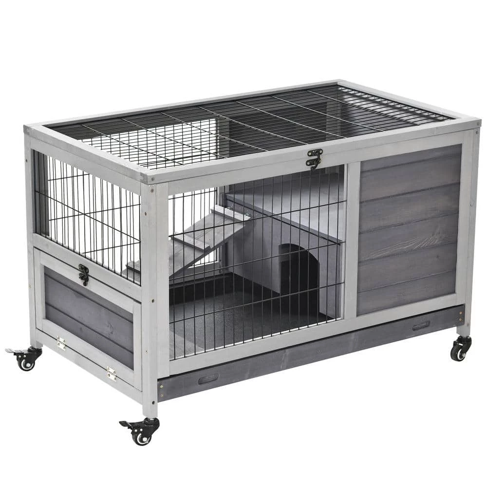Grey Wooden Indoor Elevated Cage with No Leak Tray Enclosed Run with Wheels by PawHut