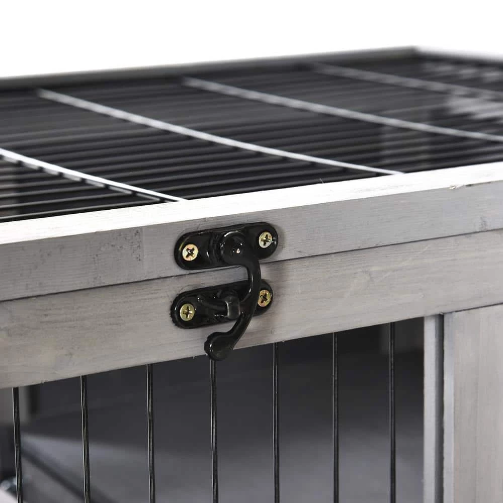 Grey Wooden Indoor Elevated Cage with No Leak Tray Enclosed Run with Wheels by PawHut - Image 6