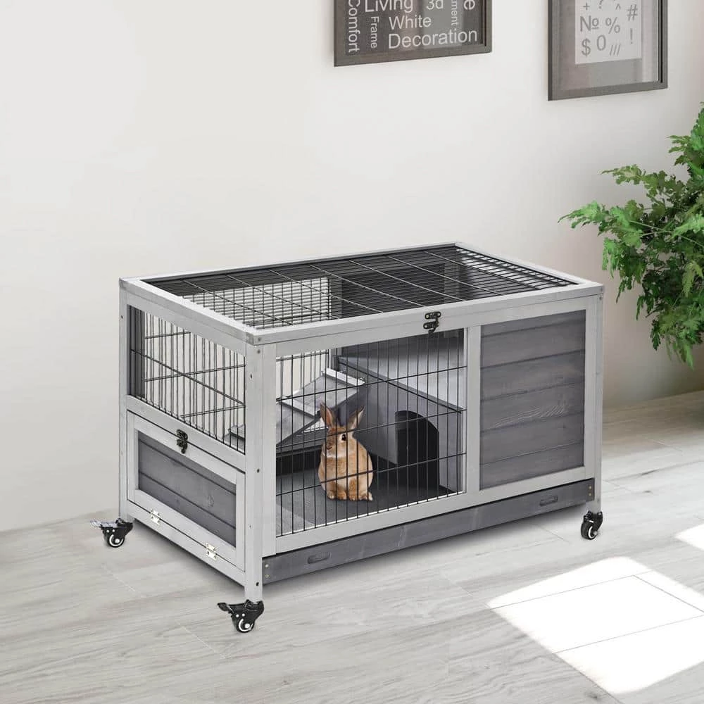 Grey Wooden Indoor Elevated Cage with No Leak Tray Enclosed Run with Wheels by PawHut - Image 2