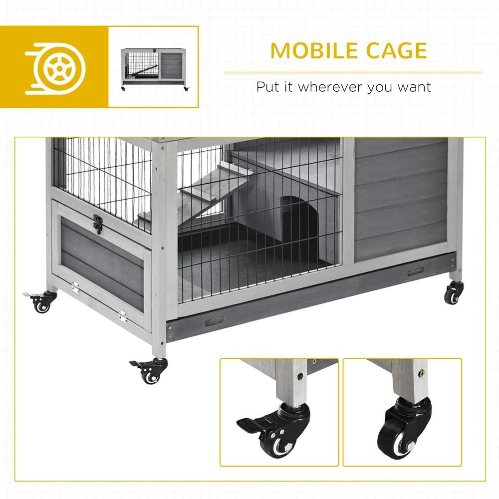 Grey Wooden Indoor Elevated Cage with No Leak Tray Enclosed Run with Wheels by PawHut - Image 5