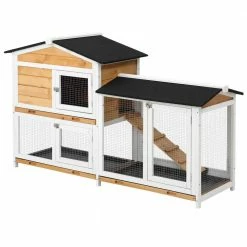 2-Tier Yellow Wooden Small Animal House w/Ramp and Outdoor Run by PawHut