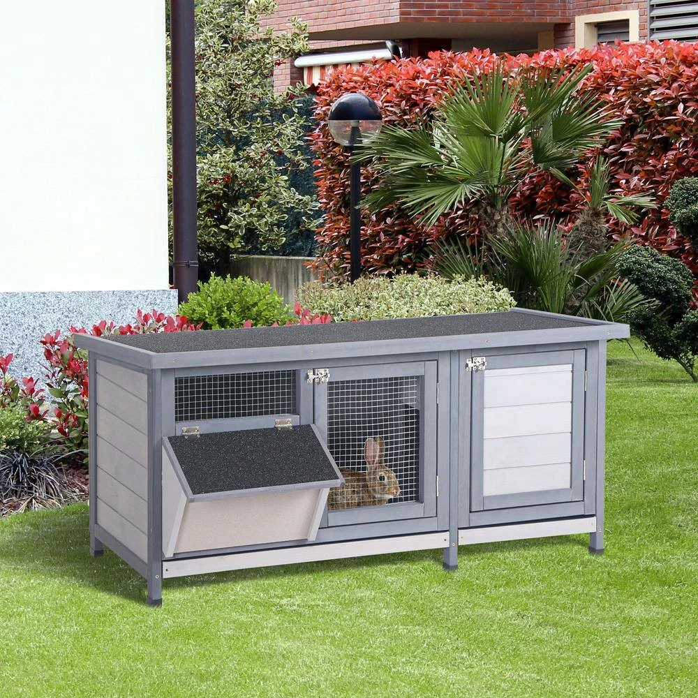 Wooden Rabbit Hutch with Waterproof Roof, No Leak Tray and Feeding Trough - 44" L x 19.75" W x 21.25" H; by PawHut - Image 2